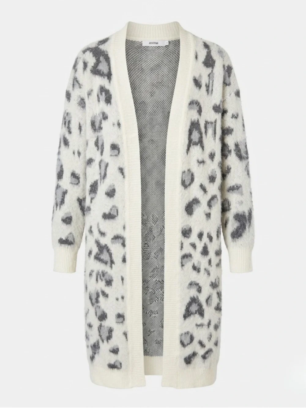 JustFab Open-Front Ivory and‎ Gray Leopard Print Long Cardigan Sweater Small